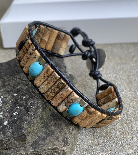 Men's Picture Jasper, Black Obsidian & Turquoise Beaded Leather Bracelet Cuff - Picture 3 of 5