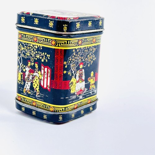 Vintage Tea Tin Oriental Black Pink Gold Cranes Asian Women Men 1970s - Picture 3 of 14