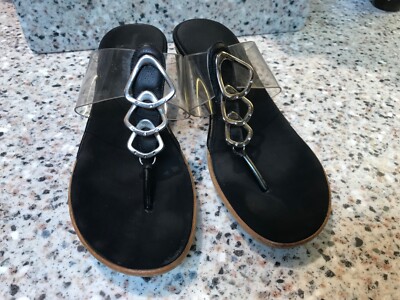 ONEX SHOES SANDALS THONG WEDGE BLACK CLEAR SILVER SIZE 38/8 WOMENS