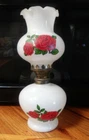 VTG Milk Glass Table Lamp Hurricane Oil Lamp w/Red Roses 10.5” ruffled edges