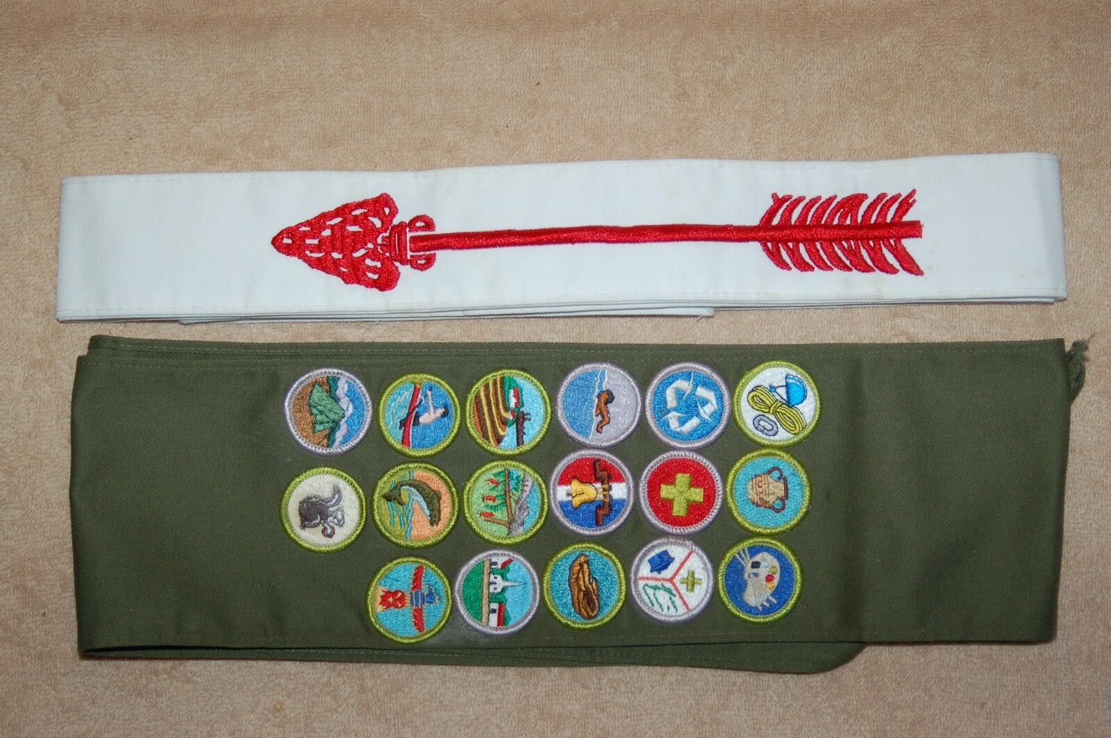 VTG 1970s Boy Scout Sash Lot of 2 w/17 Merit Badges &amp; Order of the ...