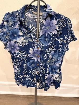 Croft & Barrow Blue Floral Short Sleeve Button Up Blouse - Size Large