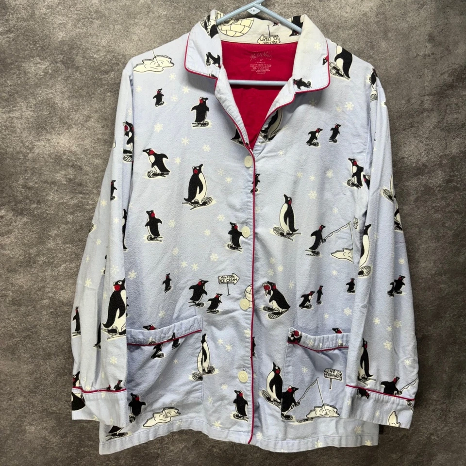Nick & Nora Womens Penguin Pajama Set Size M Light Blue Top Pants Flannel Winter - Image 2 of 4