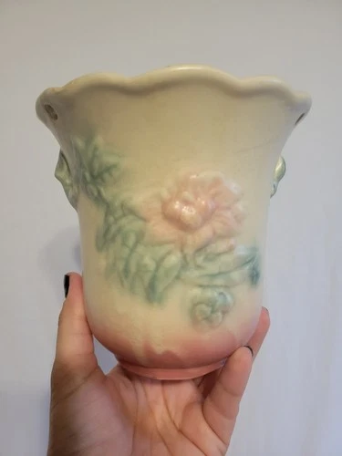 Vintage 1940 Hull Pottery Woodland 6" Hanging Planter Floral Pink Green 1940's