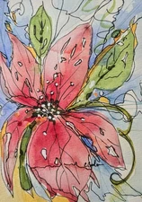 Original Signed Watercolor Painting. 5x7" Poinsettia. Christmas. Winter.