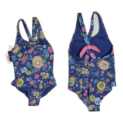 NWT Roxy Baja Baby Girls 3T One Piece Swimsuit Navy Floral Bijou Blue Bow Back