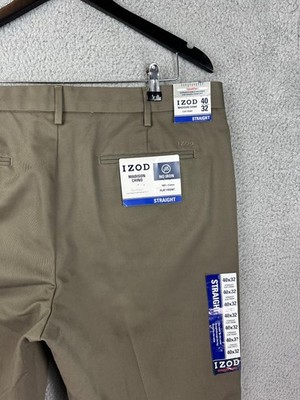 Izod Madison Chino Pants Mens 40x32 Khaki Straight Fit Flat Front No Iron New