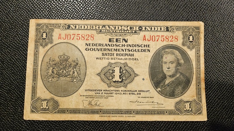 2.3.1943 NETHERLANDS INDIE 1 GULDEN "AJ" ~RARE~ ((UNSERC WITH FOXING))