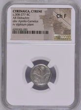 308-277 BC Cyrenaica Cyrene AR Didrachm Silphium NGC CH F Choice Story Vault