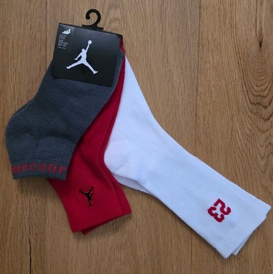 Air Jordan Kids 3 Pack Socks ~ White, Red & Dark Gray ~ Size M