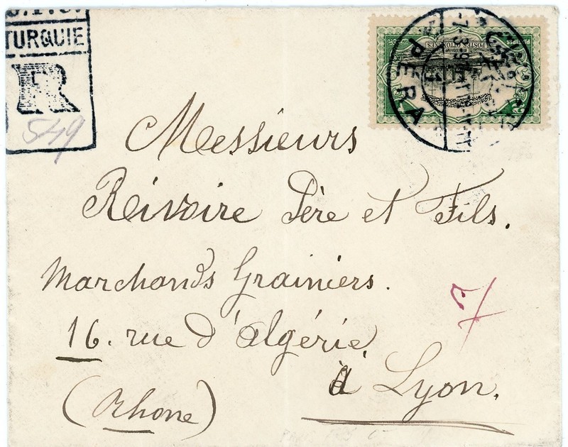 Turkey OTTOMAN EMPIRE-Sc#263(single frank)-PERA 7/3/1914-REGISTERED-TO FRANCE-LY
