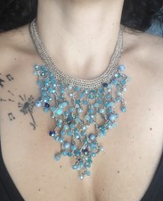 Collier Collana Cascata Fatta A Mano All'uncinetto Con Cristalli Azzurri