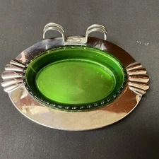 Vintage Farber Bros Krome Kraft Metal Tray Green Glass Serving Dish Relish