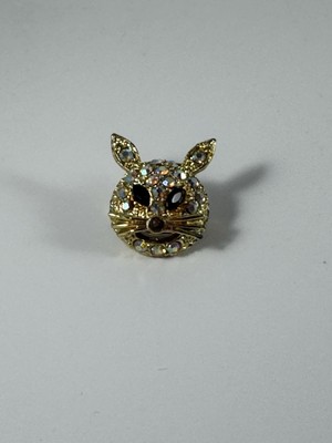 BLACK EYED CAT vintage AB rhinestone pin - gold-tone head brooch