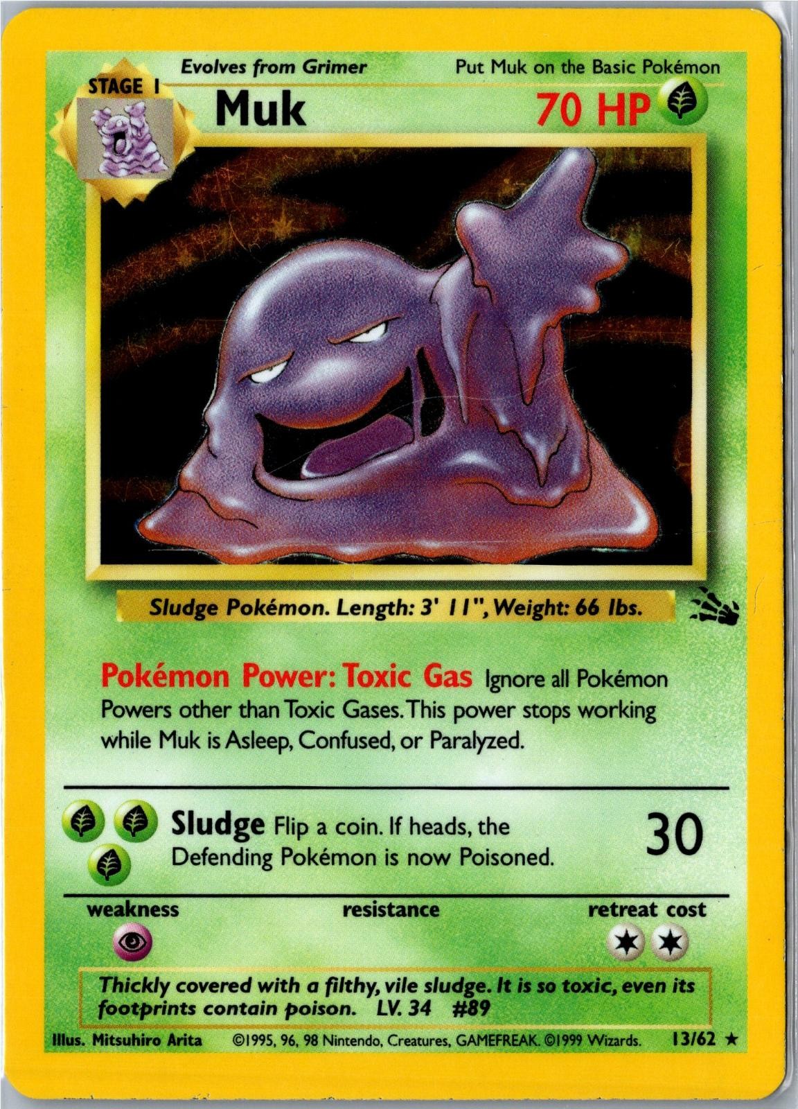 Pokemon Card - Muk Fossil 13/62 1999 Rare Holo Heavily Played