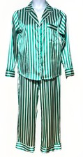 Classic Women's Sz L Silky Satin 2 Pc. PJ Set Spearmint Stripe Loungewear