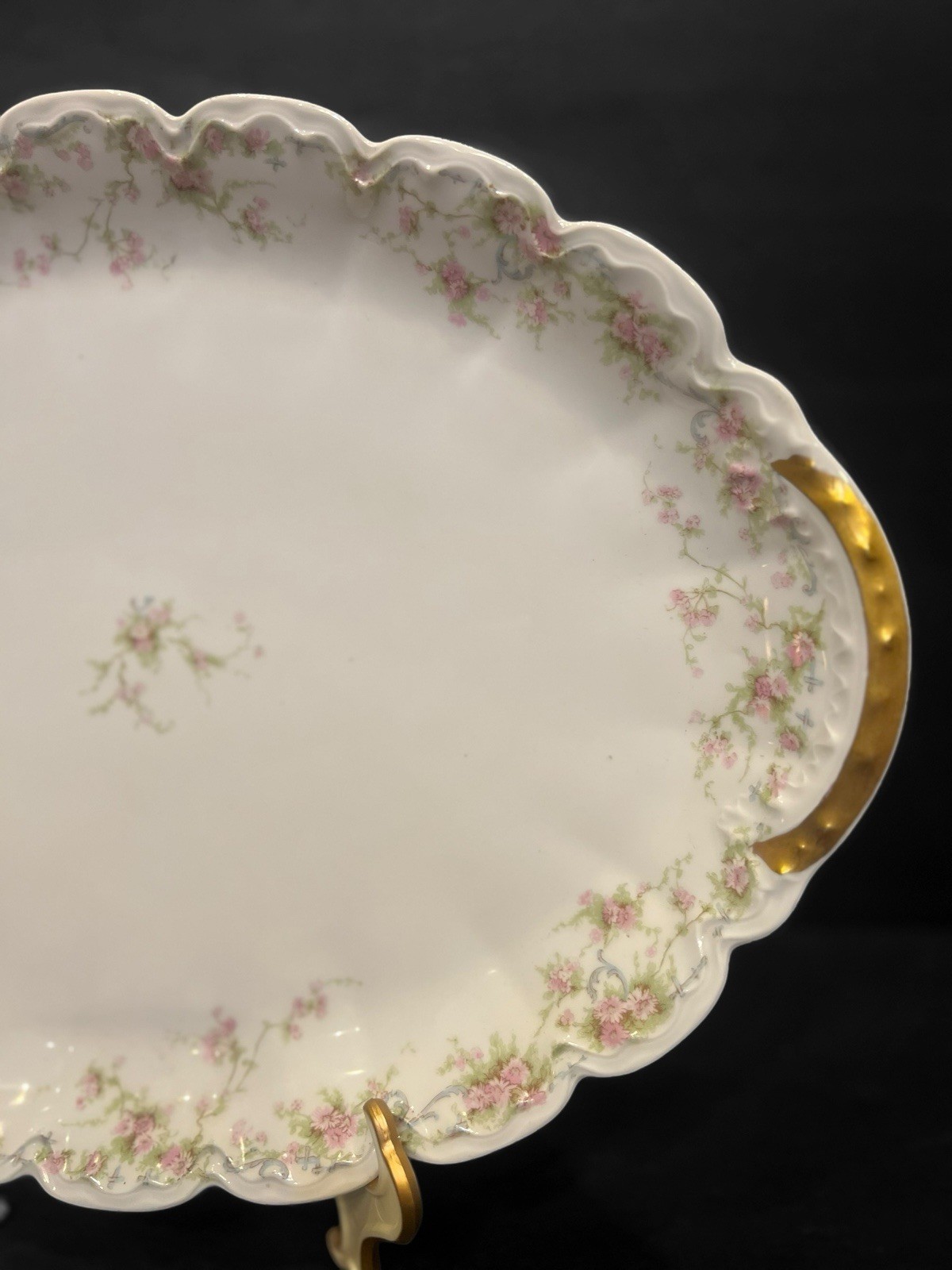 1905 Circa Theodore Haviland Limoges Oval Platter Pink Roses Gold Gilt 16.5x11"