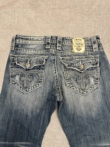 Rock Revival Anthony Straight Jeans Mens 33 Distressed Medium Wash Fleur De Lis