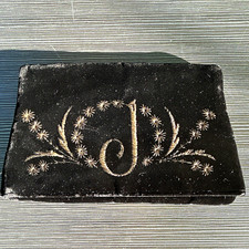 Vintage Black Velvet Clutch Evening Bag Gold Embroidered Monogram J P