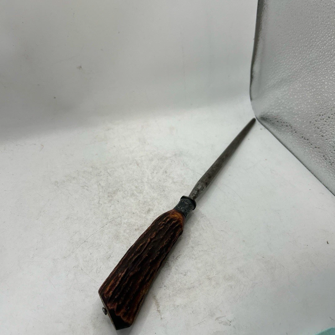 Sharpening Steel 13 Inch Brown Grey Vintage Antler Handle Knife Sharpener Rustic