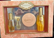 Chantilly 1.75 Powder , 2oz. EDT Spray & .25 oz EDP Parfum + 1/2 bottle lotion