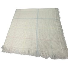Vintage Waffle Weave Baby Blanket White Pink Blue Plaid Italy Soft Fringe 36x36