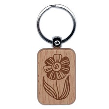 Modern Spring Summer Flower Engraved Wood Rectangle Keychain Tag Charm