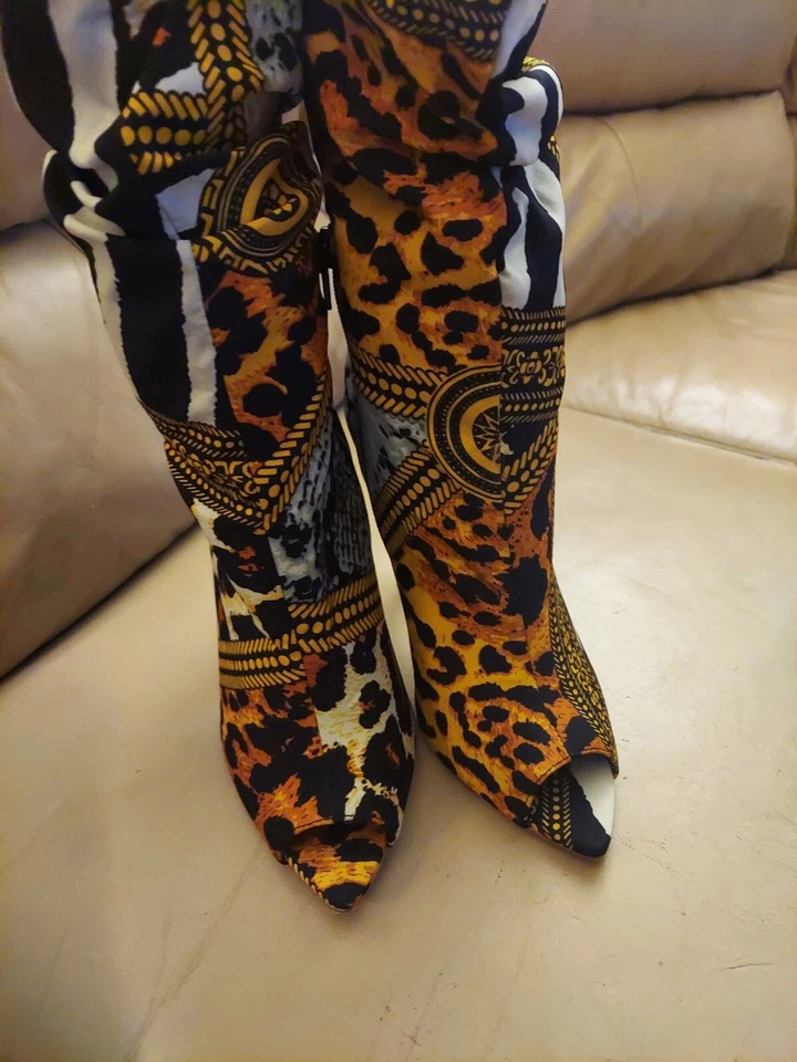 Liliana "Miss L" животных печати ткани заглянуть носок ботинки на шпильке размер 8 М - Изображение 3 из 4