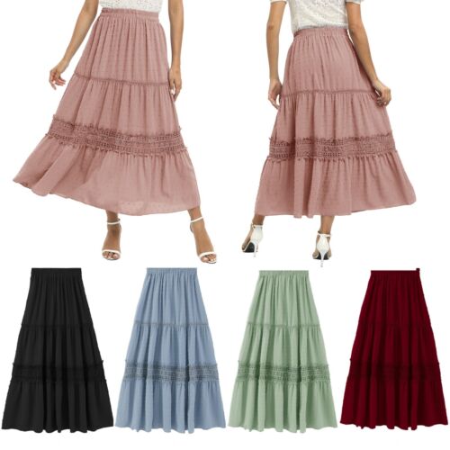 Women Elastic Pleated Dress High Waist Boho Maxi Skirt Ruffle Swing Skirt S-2XL