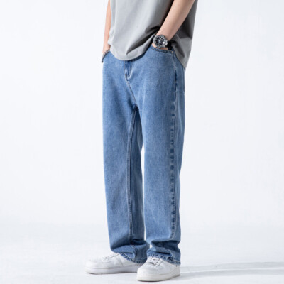 Men Retro Denim Pants Slim Fit Straight Leg Jeans with Pocket Hip Hop Street