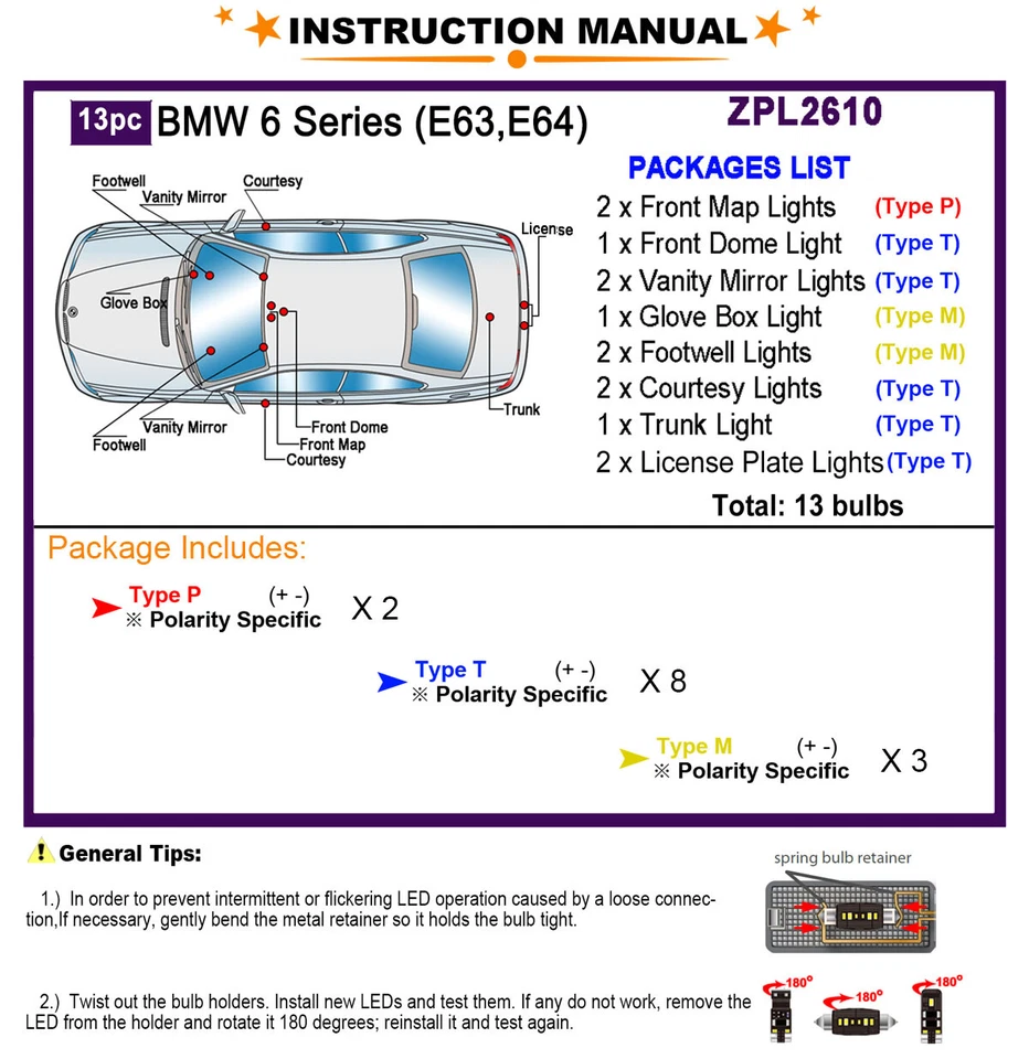 Kit de 13 Bombillas LED Interior para BMW Serie 6 2003-2010 Luz Domo Blanca Foto 2 de 4