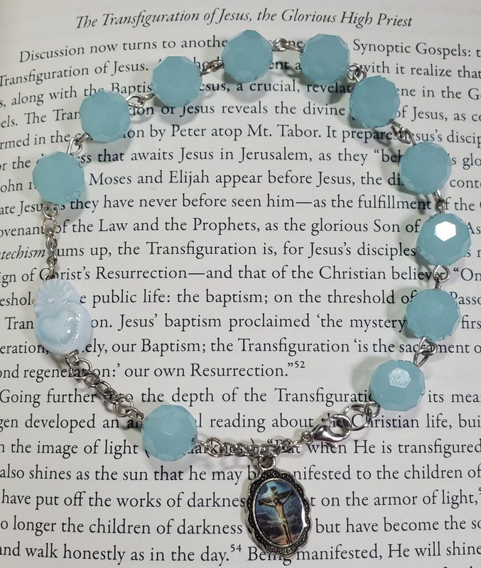 Mint ColoredFaceted Beaded Rosary Bracelet w/ Pale Blue Sacred Heart & Pendant