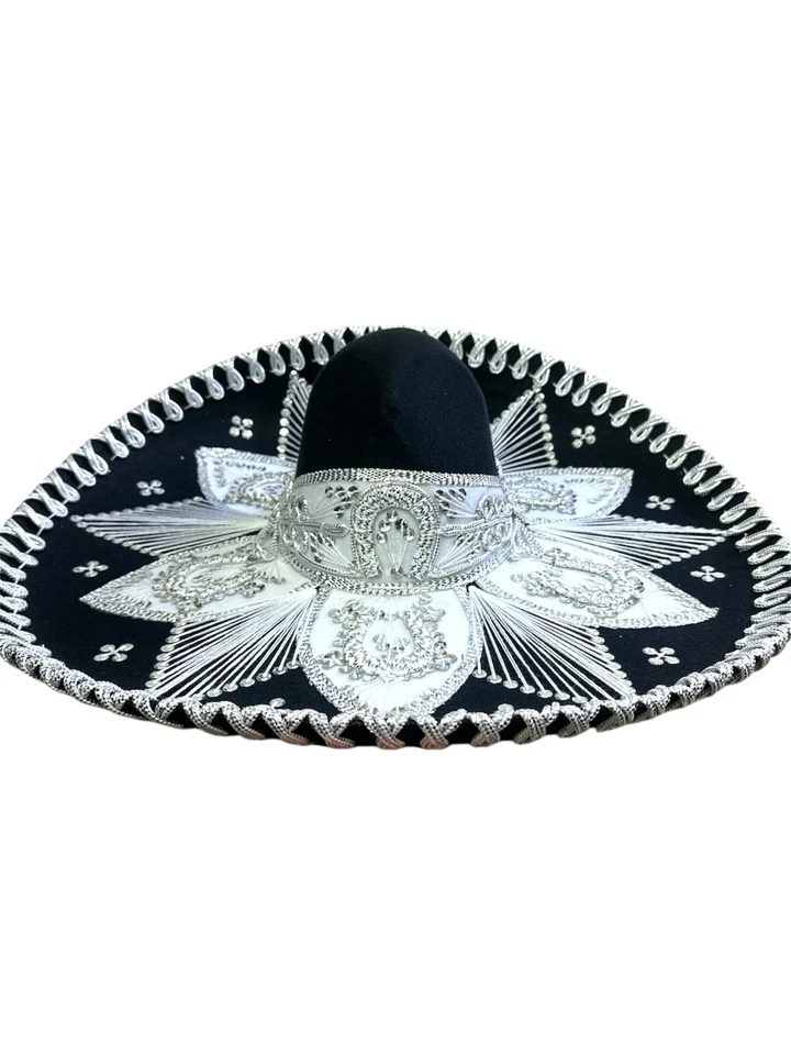 CHAPÉU MARIACHI MEXICANO, CHARRO, SOMBRERO, FANTASIA, 22" TAMANHO ÚNICO, PRETO - PRATA - Imagem 2 de 3