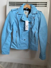 Each X Other Sophia Denver Sky Blue Leather Biker Jacket,size M ,uk 10,rrp £840
