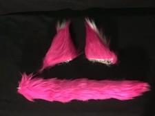 Bright Pink, clip-on, Faux Fur Tail with Big Ear Barrettes, Artisan Made