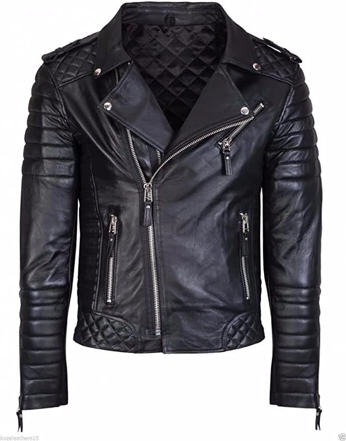 Men's Genuine Lambskin 100% Leather Inside Quilted Motorcycle Biker Black Jacket