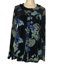 Coldwater Creek Womens XS Top Button Up Black Floral Slinky Acetate Made in USA