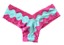 VINTAGE NWOT Y2K Blue Satin Pink Lace Trim Cheeky Thong Panties Size Medium
