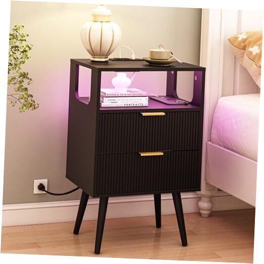 Modern Black Nightstand with Charging Station and LED Lights, Stylish Bedside Table-image