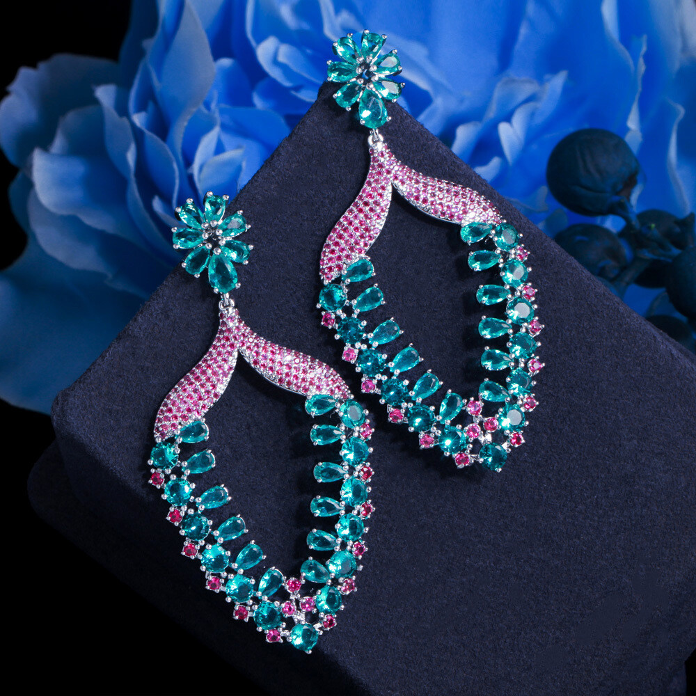 Women Big Statement Earrings Long Drop Dangle Zircon Party Silver Plated Jewelry