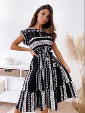 Geometry Print Cocktail Party Beach Dress Sundress Summer Black Light Blue