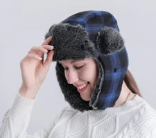 Winter Men Russian Ushanka Aviator Trapper Hat Trooper Ear Flap Faux Fur Check