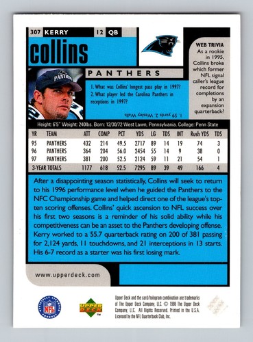 1998 Upper Deck UD Choice - Kerry Collins #307 - Picture 2 of 2