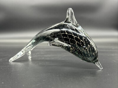 Hand Blown Art Glass Dolphin Figurine Paperweight Clear Black Fleck 7in