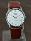 Vintage Classic Seiko Slim Men's Wrist Watch Round Case-Leather Strap-White Dial