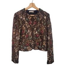 Alice Olivia Kidman Floral Sequin Beaded Cropped Jacket Brown Size Large