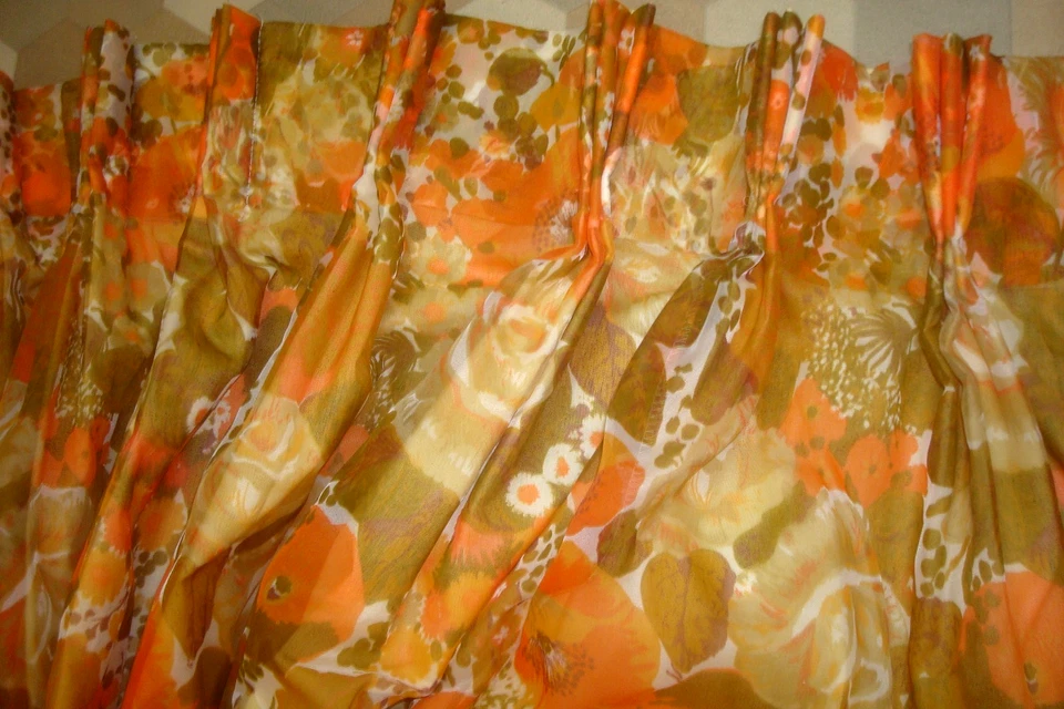 One Pr 2 pc Custom Lined DRAPES Sheer Poppy Pinch Pleat Curtains Orange 83" lg - Image 3 of 4