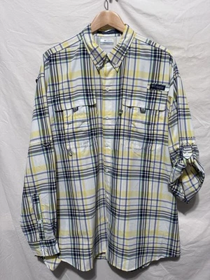 Columbia Mens Button Shirt Vented Blue Yellow Plaid PFG Fishing Super Bahama - Image 1 of 4