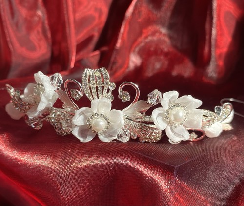 Diadem Silber Floral Elfenbein Spitze Perlen Kristalle - Bild 7 von 11