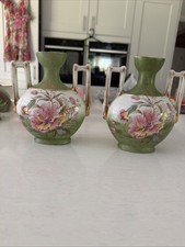 Vintage Vase  Green Double Handle Floral